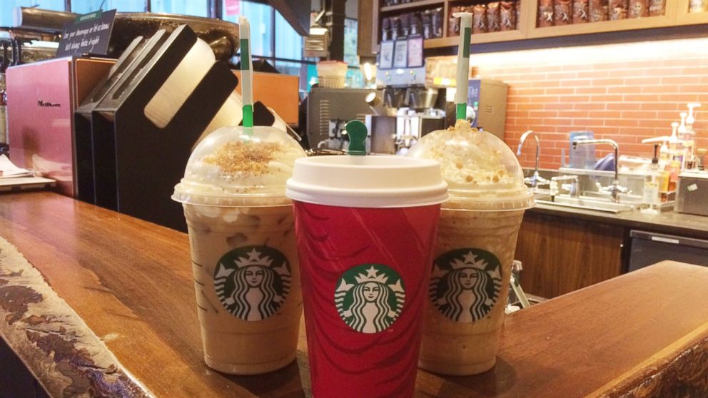 All three of Starbucks' chestnut praline offerings: latte, iced and frappuccino.