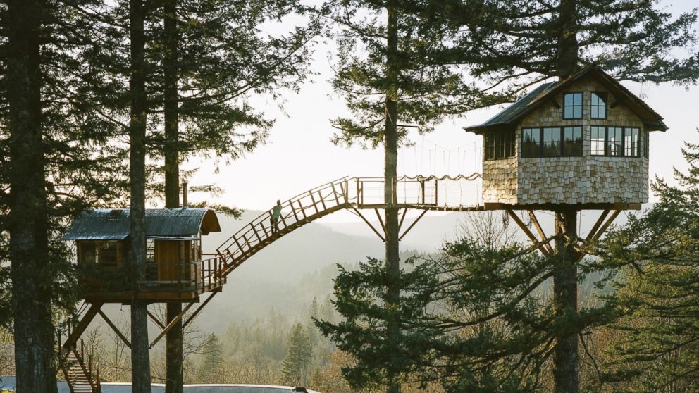Foster Huntington, 27, has spent the past year building an elaborate pair of tree houses in Skamania County, Washington.