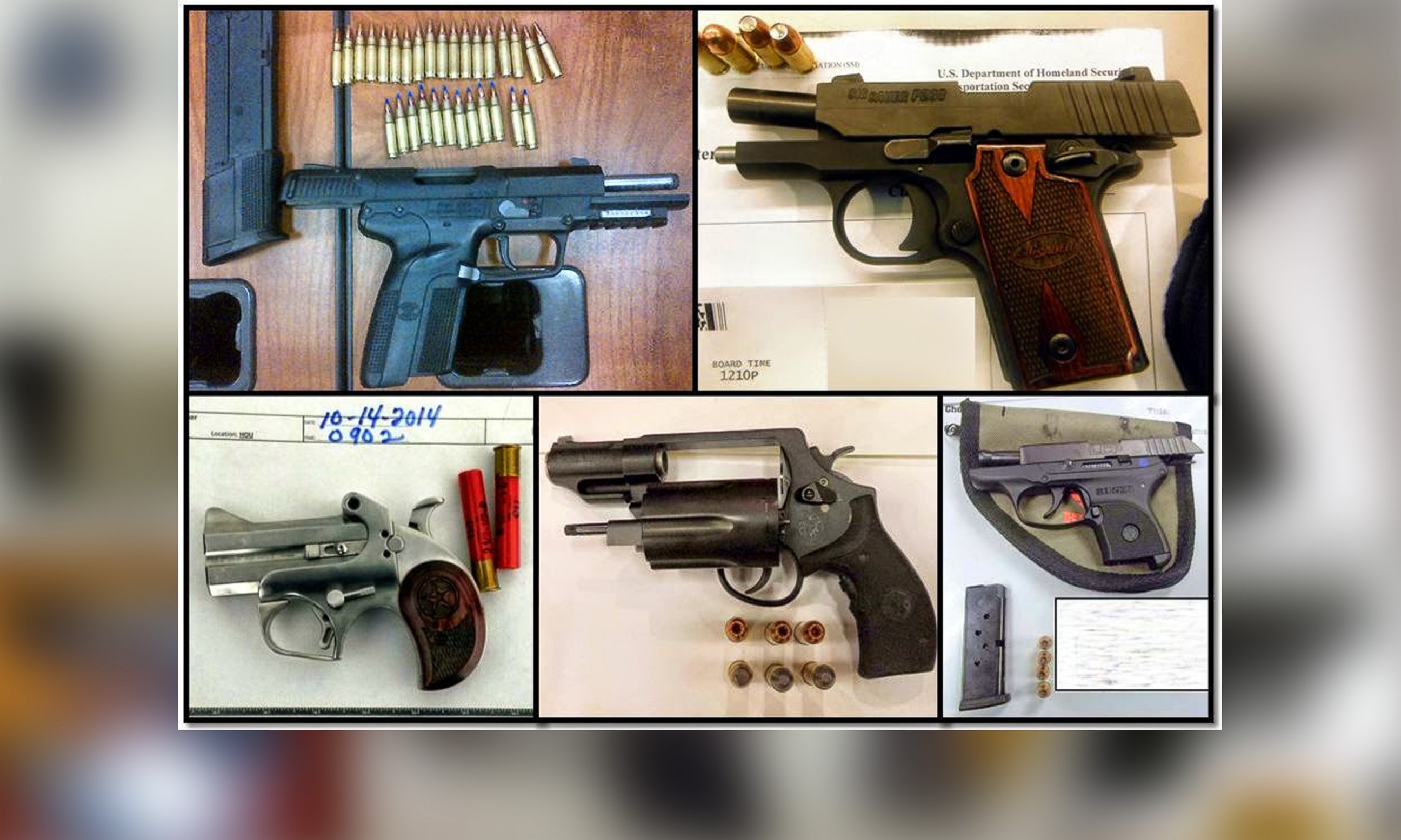 PHOTO: A handout image from the TSA shows some of the guns confiscated from travelers at airports around the U.S. in October, 2014.