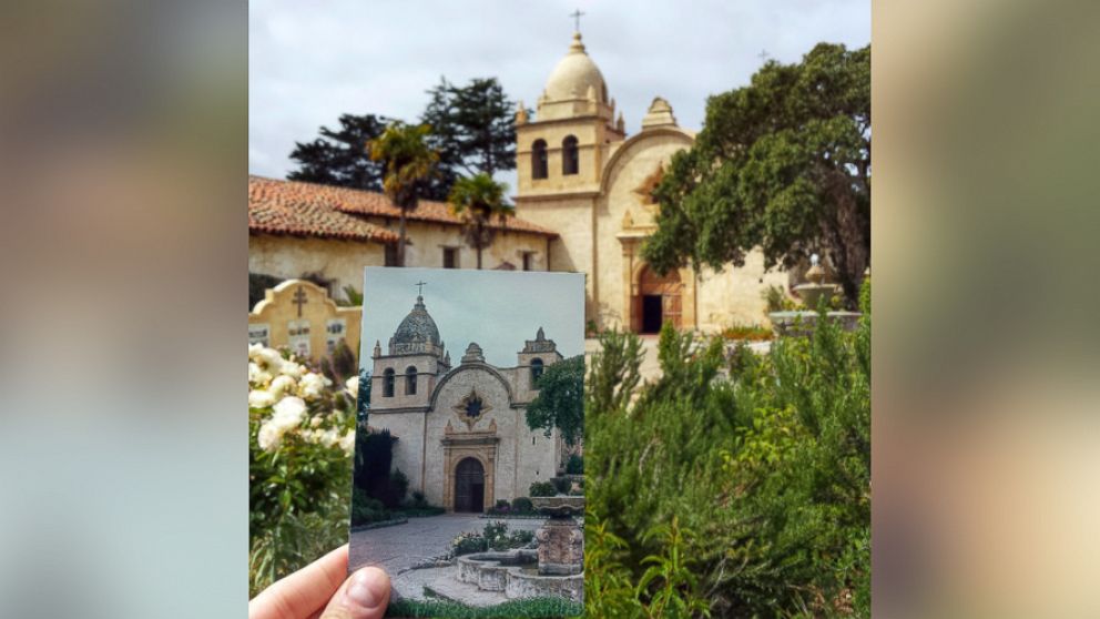 The Mission San Carlos Borromeo de Carmelo in Carmel, California is pictured here in May 2015 and in an older photograph from April 1979. 