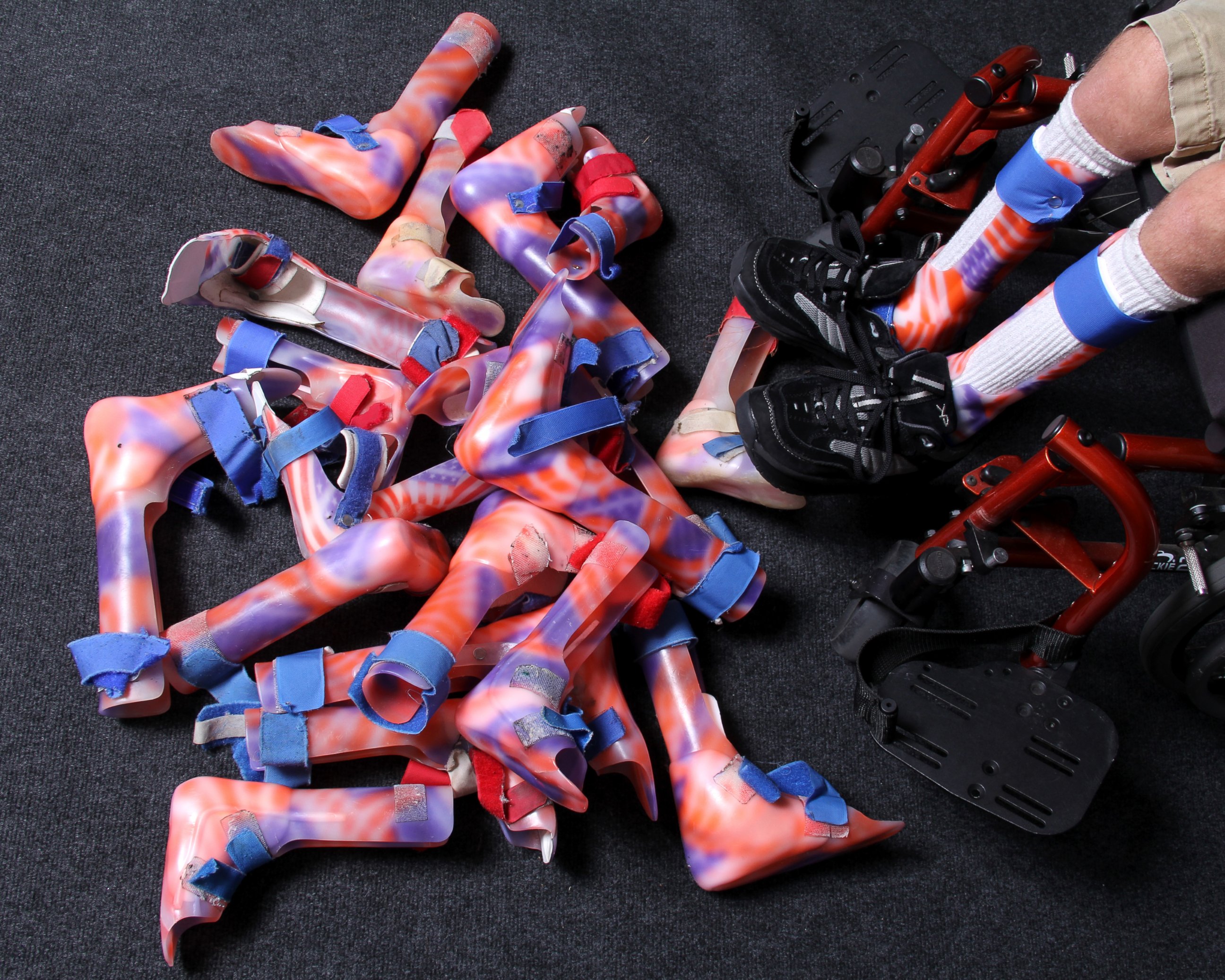 PHOTO: Arek has 10 pairs of leg braces, all decorated with the American flag. 