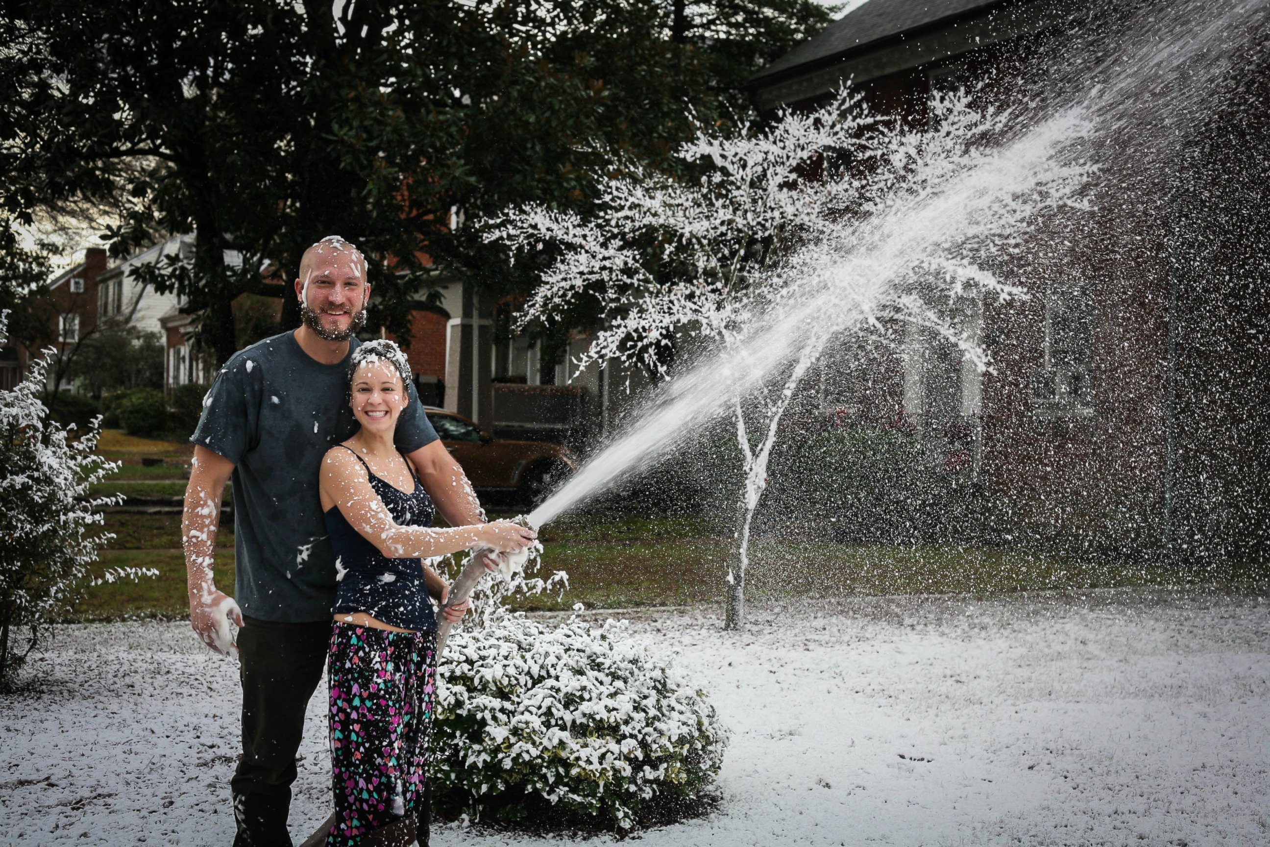 PHOTO:  Trevor Smithson used fake snow to create a white Christmas for his wife, Kourtney, in Richmond, Virginia.