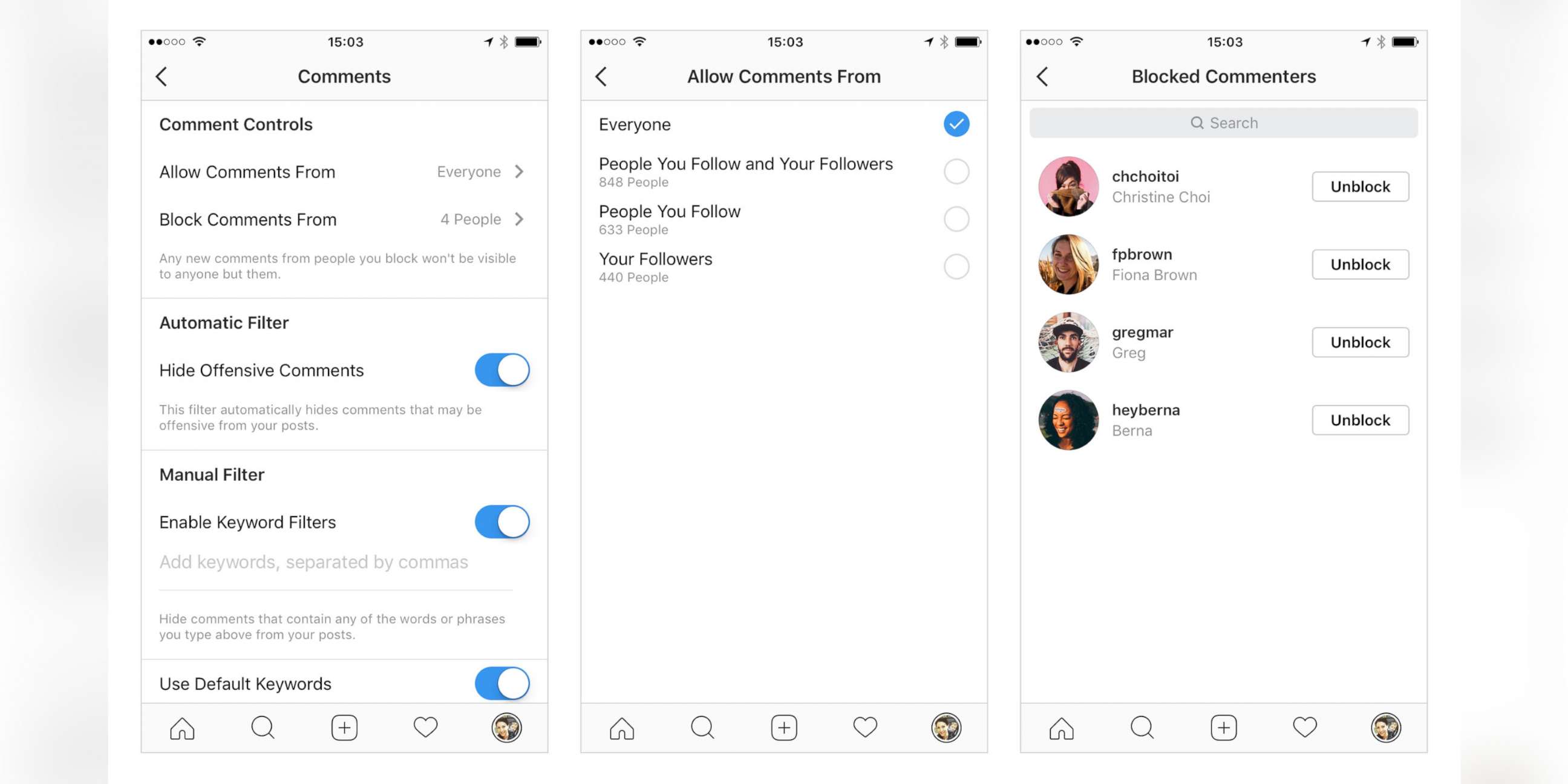 PHOTO: Instagram unveiled comment controls for users which include restricting who can comment on your posts from every user to certain groups of people such as people you follow or your followers, and also blocking offensive users from commenting. 