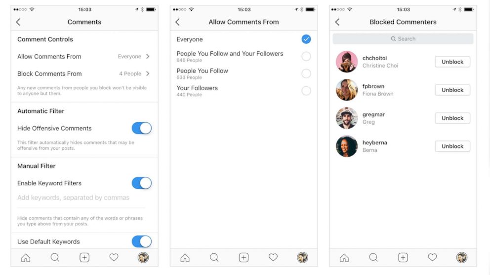 PHOTO: Instagram unveiled comment controls for users which include restricting who can comment on your posts from every user to certain groups of people such as people you follow or your followers, and also blocking offensive users from commenting. 