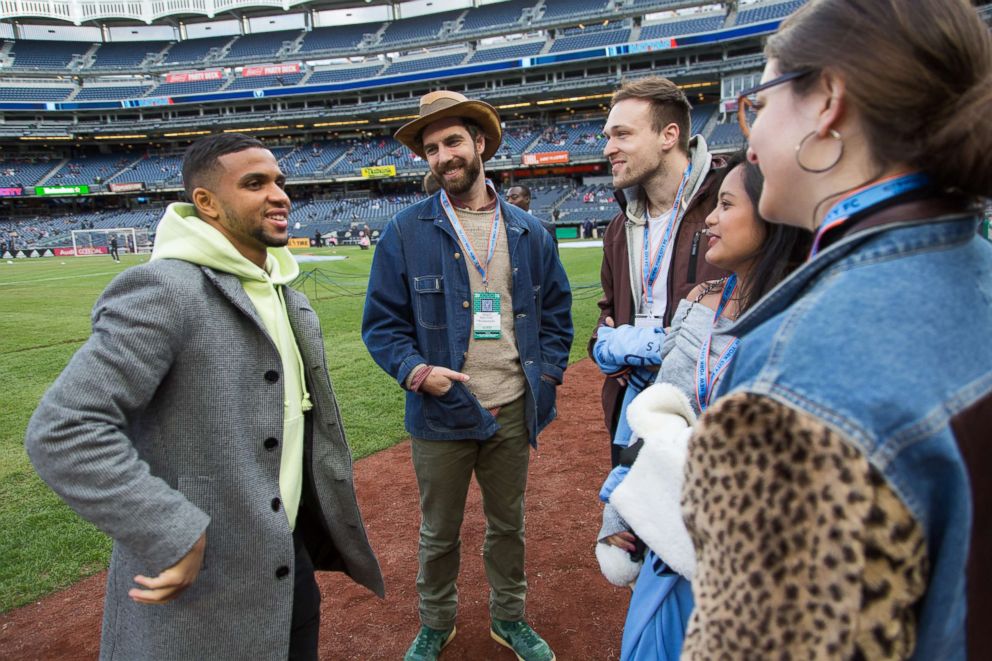 PHOTO: NYCFC player Ismael Tajouri (left) talks to Kyle, Walter, Alexa Valiente and Janel before the NYCFC game on April 29, 2018.
