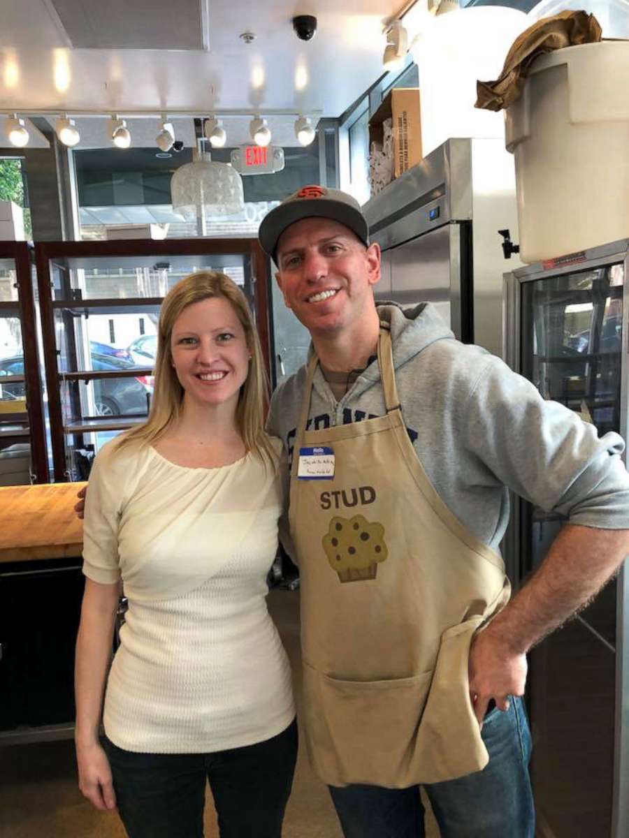 PHOTO: Project Homeless Connect  CEO, Meghan Freebeck, on National Muffin Day with founder Jacob Kaufman on Jan. 28, 2018.