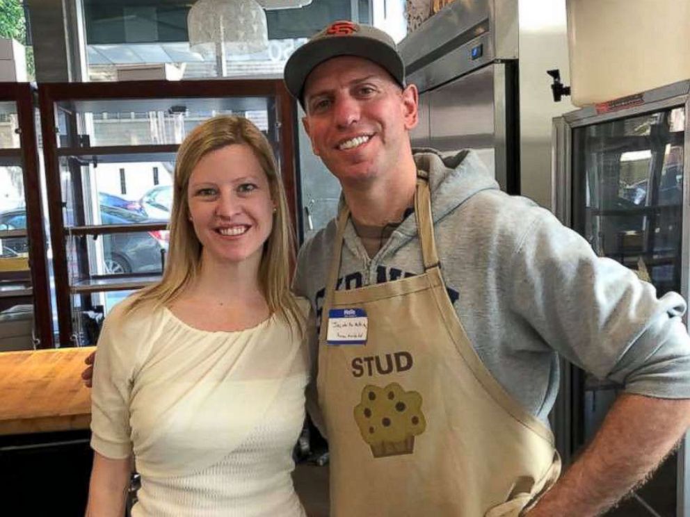 PHOTO: Project Homeless Connect CEO, Meghan Freebeck, on National Muffin Day with founder Jacob Kaufman on Jan. 28, 2018.