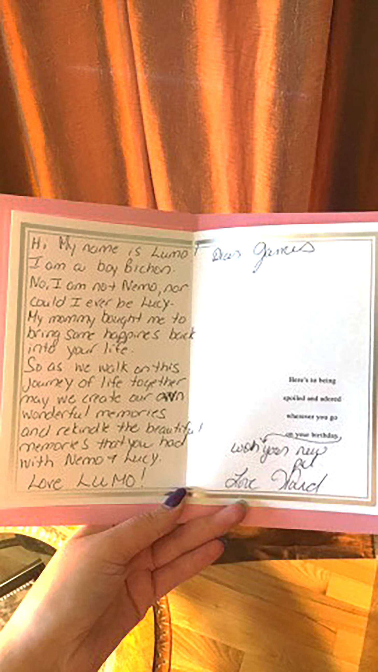 PHOTO: The Xuerebs wrote a heartwarming card from Lumo's perspective for the emotional reveal