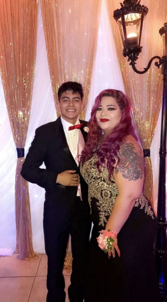 PHOTO: Joe Moreno, 18, a senior at Collegiate High School in Corpus Christi, Texas, escorted his mother, Vanessa Moreno, to his senior prom on April 13, 2018.
