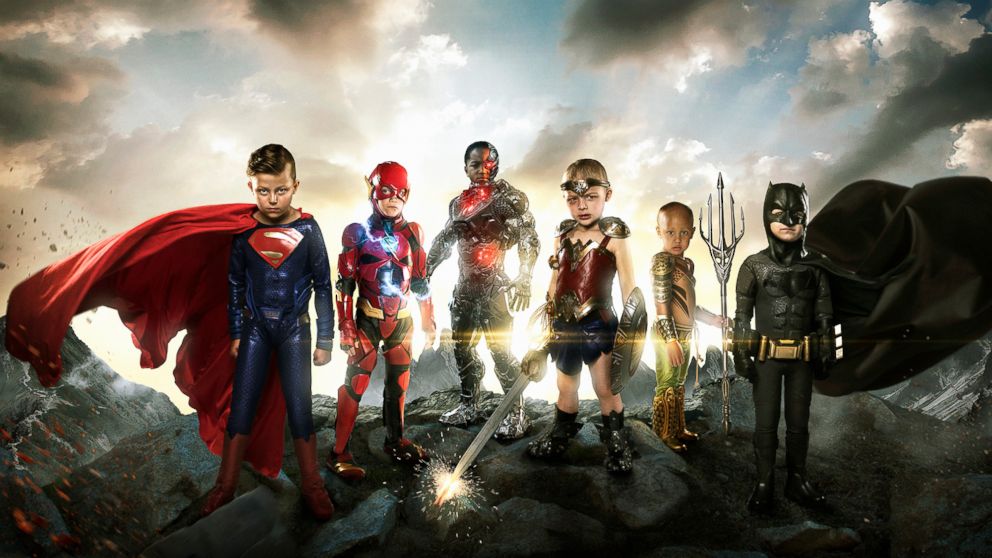 PHOTO: Teagan Pettit as Superman, Simon Fullmer as Batman, Kayden Kinckle as Cyborg, Sofie Loftus as Wonder Woman, Mataese Manuma as Aquaman, and Simon Fullmer as Batman.