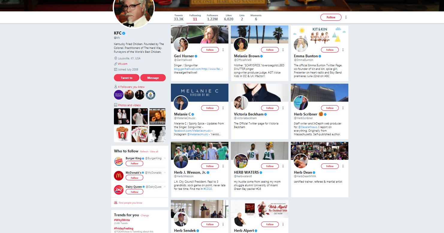PHOTO: KFC follows 6 men named Herb and 5 of the Spice Girls on Twitter.
