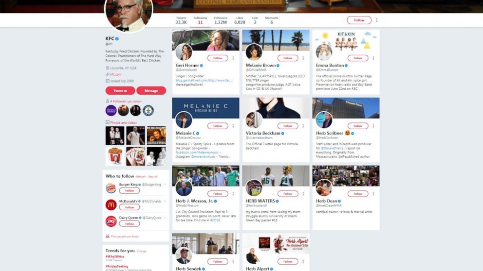 PHOTO: KFC follows 6 men named Herb and 5 of the Spice Girls on Twitter.