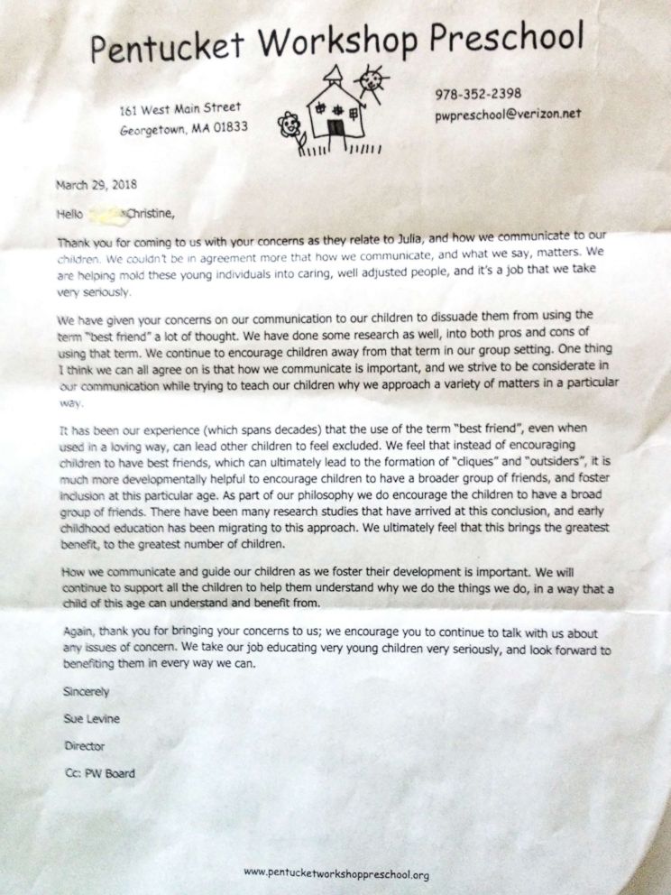 PHOTO: In a letter addressed to Christine Hartwell, Pentucket Workshop Preschool in Georgetown, Massachusetts, maintains their decision to "dissuade" children from using the term "best friend" at their facility.
