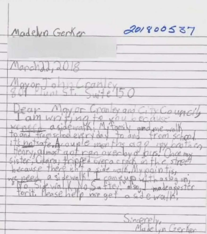PHOTO: In the letter dated March 22 to Cincinnati Mayor John Cranley, Madelyn shares how she and her siblings avoid broken pavement and speeding cars while walking to school, which is two blocks away from their home.