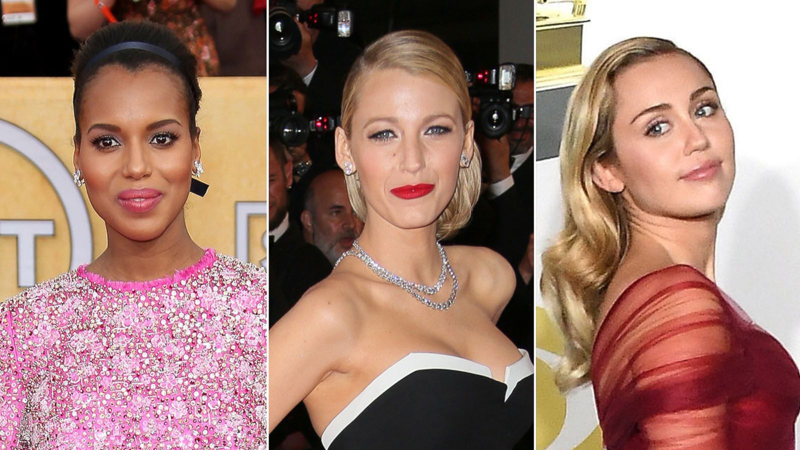 PHOTO: Kerry Washington at the 2014 SAG awards, Blake Lively at the 2014 Oscars, and Miley Cyrus at the 2018 Grammy Awards in New York.