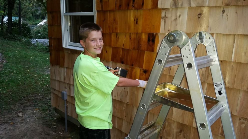PHOTO: Luke Thill, 13, raised $1,500 and spent nearly one year constructing a tiny home in the backyard of his family's Dubuque, Iowa home. 