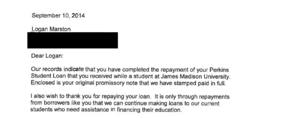 PHOTO: Seen here, one of many letters received by Logan Marston, a 28-year-old accountant from Durham, N.C., confirming that he had paid off a student loan debt in full. 