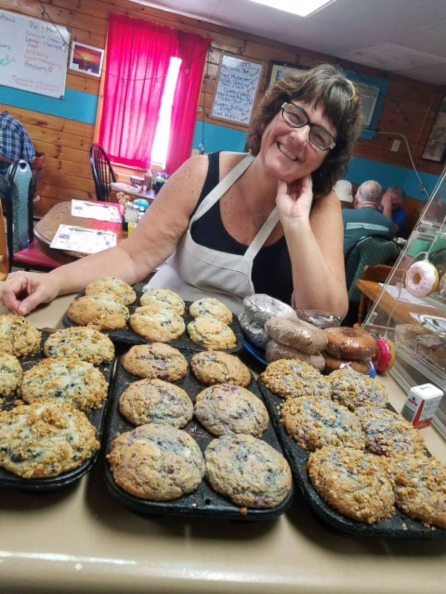 PHOTO: Lori Mayer poses with homemade goods at her restaurant, Lori's Cafe, in Liberty, Maine.