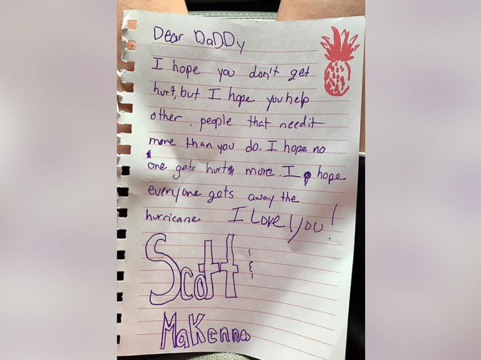 PHOTO: Makenna Holt, the 12-year-old daughter of Commander Scott Holt of the Waco Police Department, wrote this note as her father headed to help Hurricane Harvey victims.