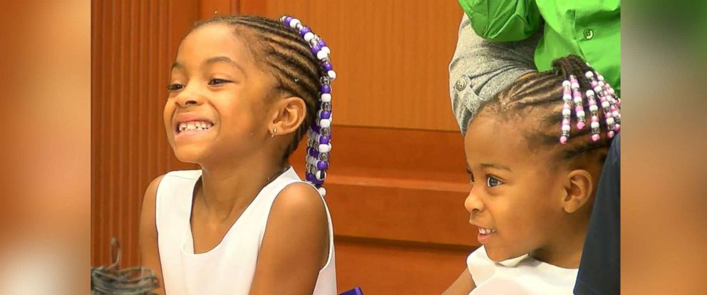 PHOTO:Sisters Marianna, 6, and Keyora, 3, July 27, 2017, at their adoption ceremony at Judge Ralph Winkler's courtroom at Hamilton County Probate Court in Cincinnati.