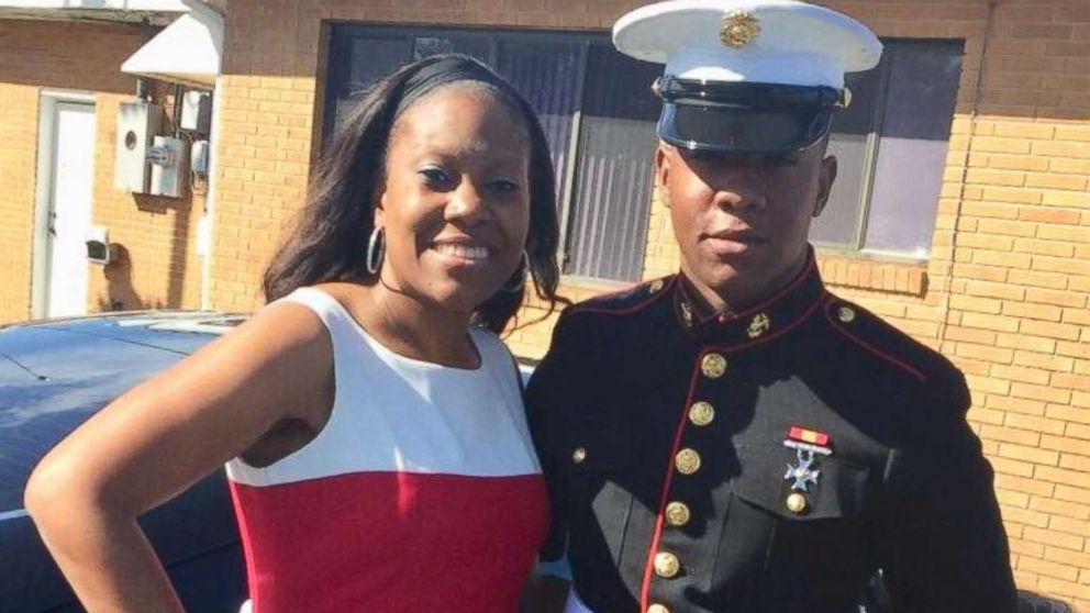 PHOTO: Rekita Lee of Jacksonville, Florida, poses with her son, Tre'Vaughn Lee, a Marine.