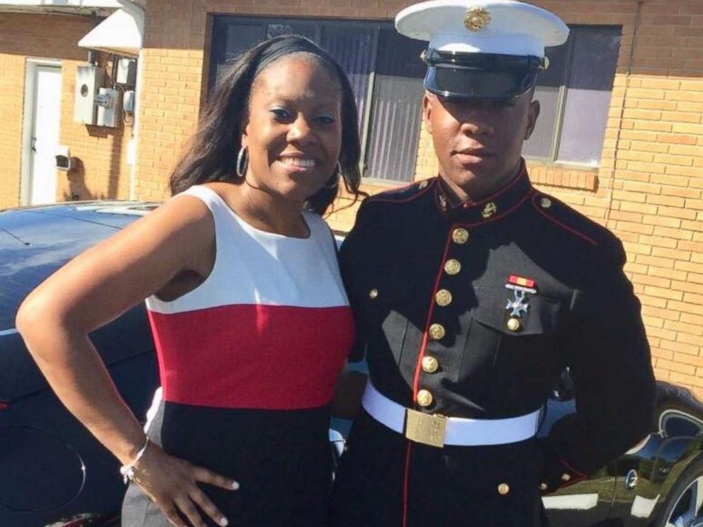 PHOTO: Rekita Lee of Jacksonville, Florida, poses with her son, TreVaughn Lee, a Marine.