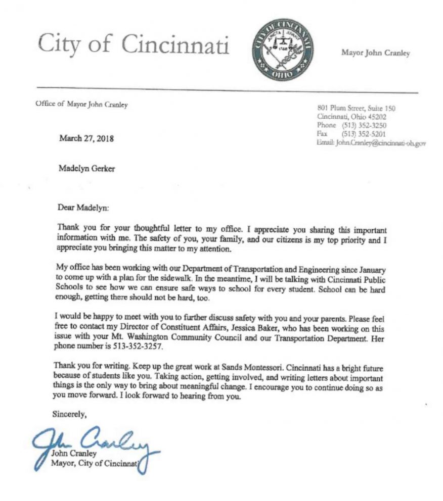 PHOTO: In a letter from Mayor John Cranley addressed to Madelyn, Cranley tells the young girl that he's been working with the Department of Transportation and Engineering since January in order to develop plans for the sidewalk.