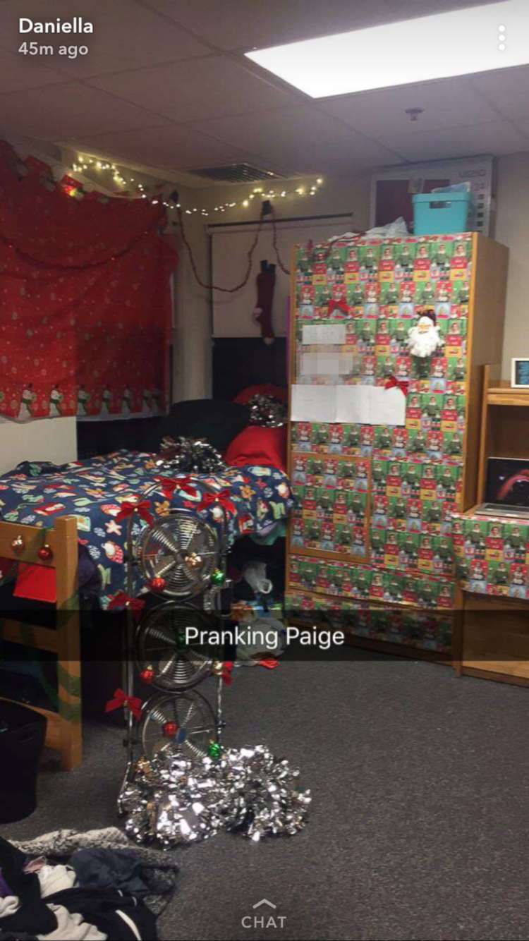 PHOTO: Paige Benoit's college roommate Daniella Pitruzzello pranked her by decking the halls with over-the-top Christmas decorations before Thanksgiving.