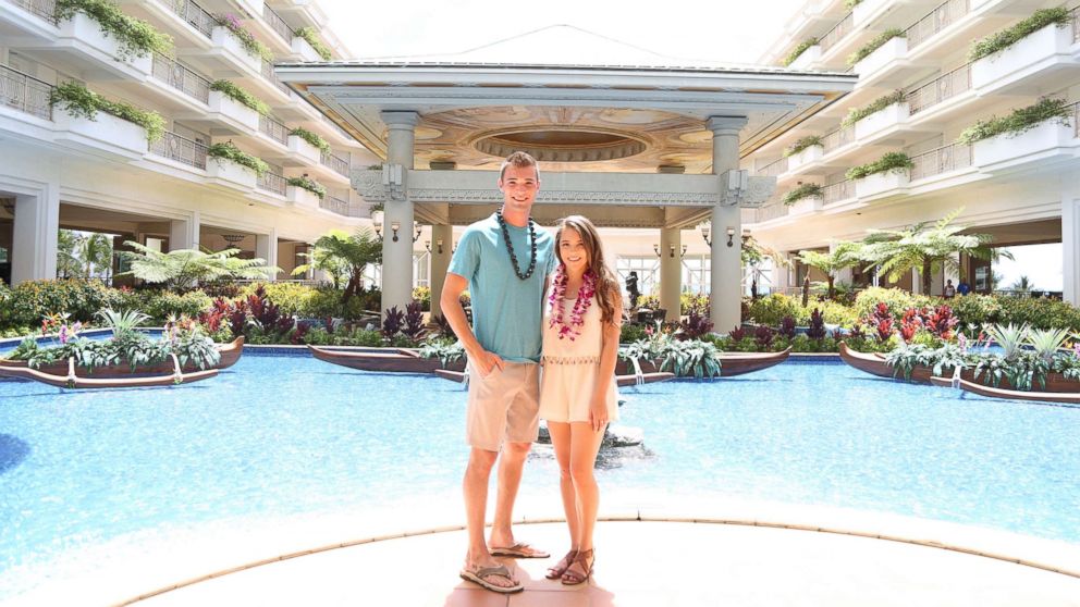 PHOTO: Josh and Michelle in front of the Lucky Mermaid Fountain at the Grand Wailea. 