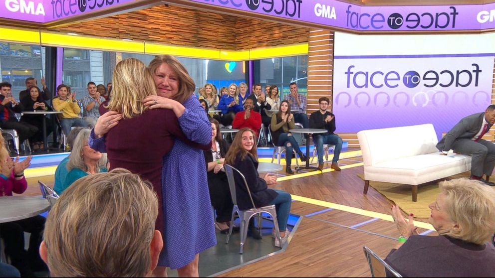 PHOTO: Angie Oracoy met her daughter, Meribeth Blackwell, in person for the first time live on "GMA" today after giving her baby up for adoption more than 30 years ago. 