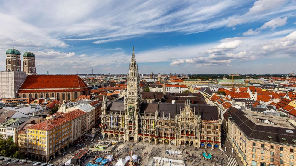 An undated aerial photo captures city landmarks of Munich.