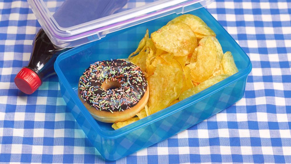 An Unhealthy lunch box is displayed on a table cloth.