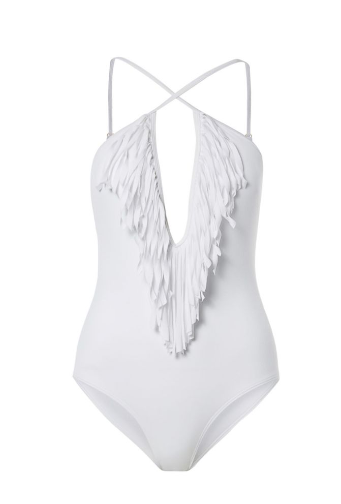 PHOTO: JustFab's white fringe swimsuit is on sale now.