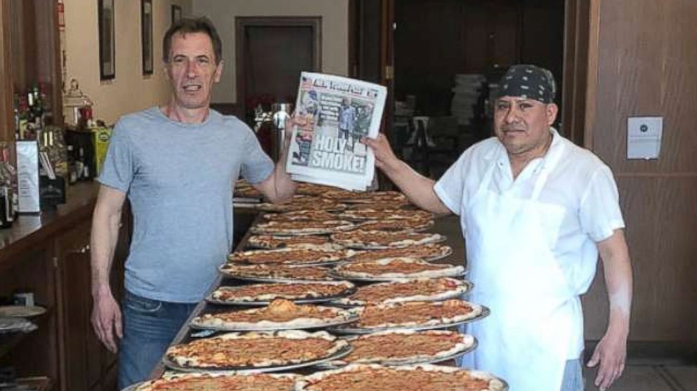 PHOTO: Frank Brija at Patsys Pizzeria in East Harlem with hundreds of pizza ready for delivery to Los Angeles.