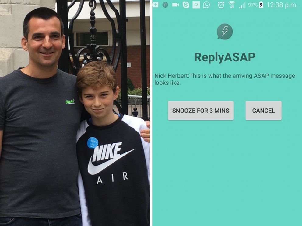 PHOTO: Nick Herbert, a product manager of the United Kingdom, developed the app ReplyASAP so his 13-year-old son, Ben, wouldn't miss his text messages.