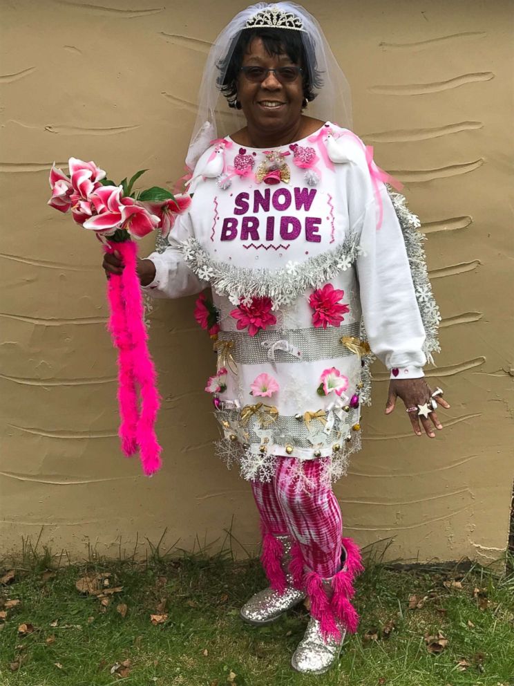 PHOTO: Roxann Gunn of New Castle, Penn., said her Snow Bride sweater is covered in flowers, a tiara, veil, a bouquet and lots of rings. 