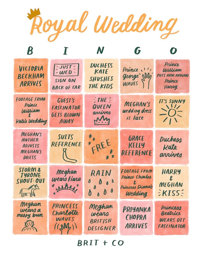 PHOTO: Brit + Co created a bingo card for Prince Harry and Meghan Markle's May 19 wedding.