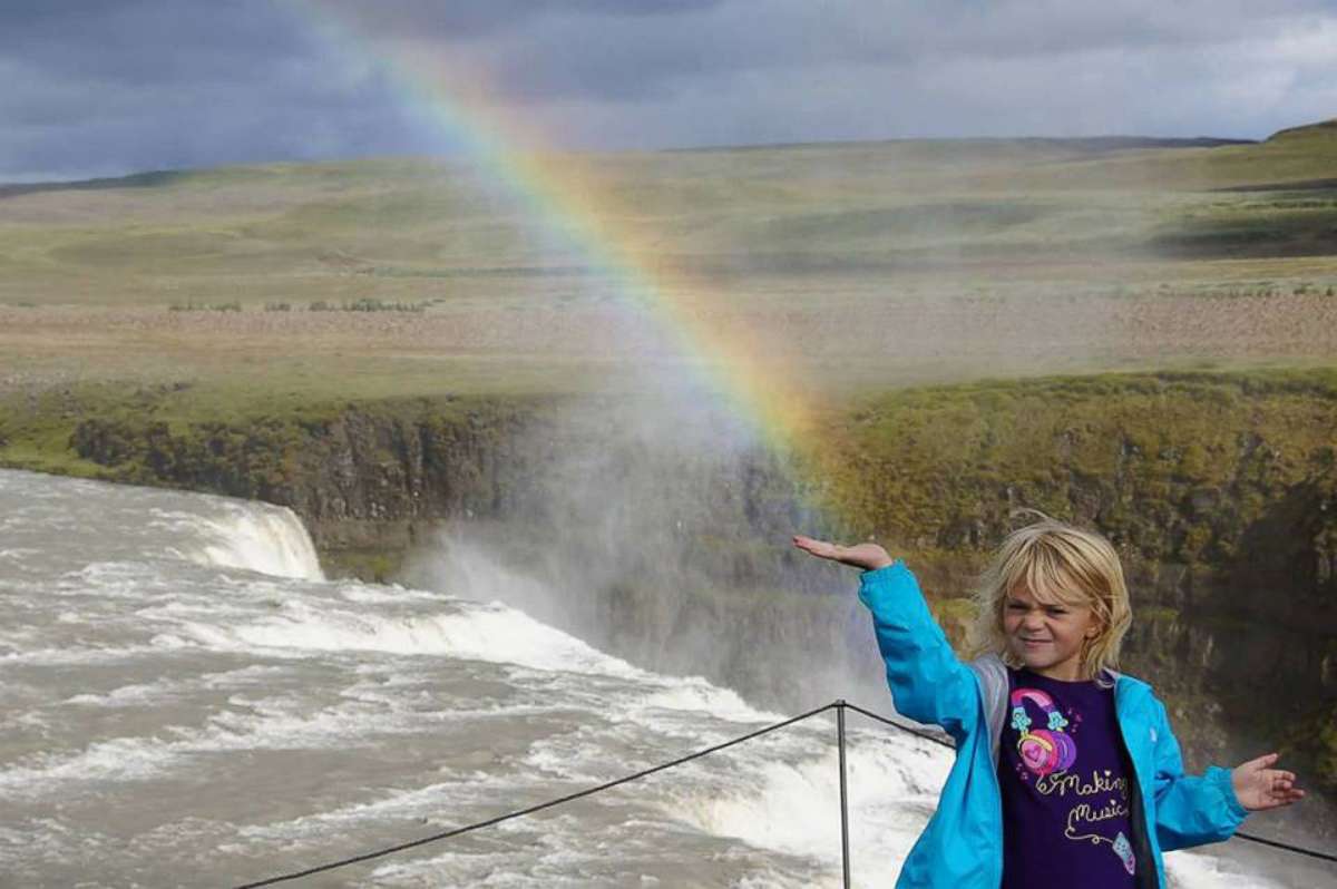PHOTO: A little girl named Samantha Sparks of Baltimore, 7 years old at the time, photographed in front of a rainbow while vacationing with her family in Iceland in August 2013. 