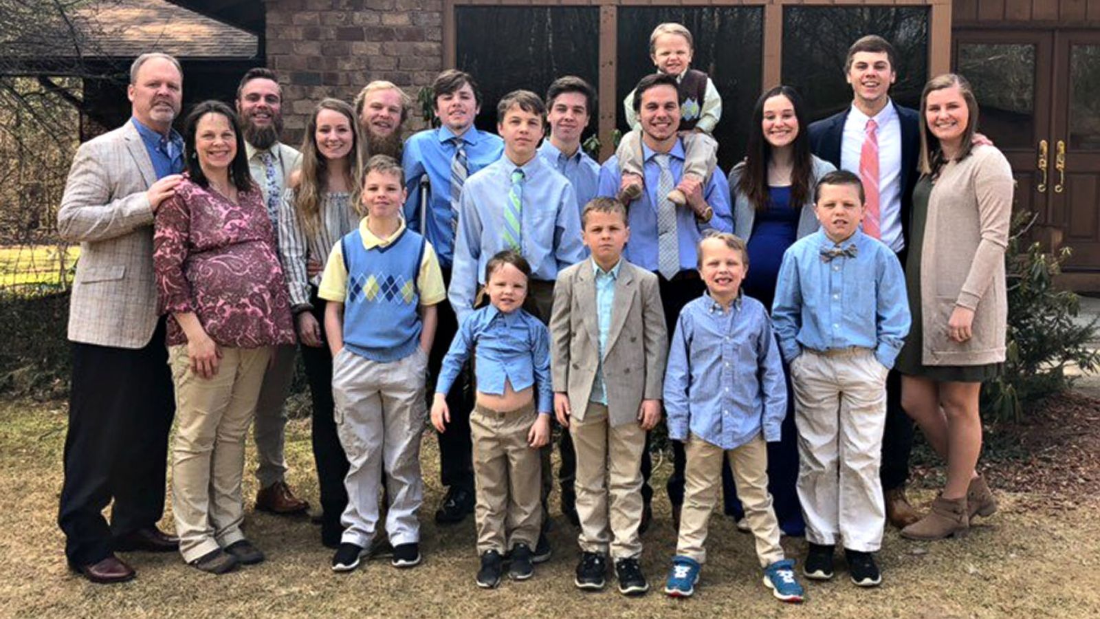 PHOTO: The Schwandt family of Rockford, Michigan is pictured with their 13 sons and added a 14th son this week.