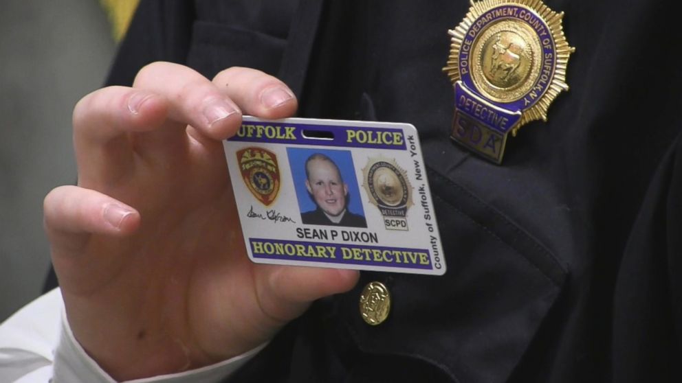 PHOTO: Sean Dixon worked with the evidence, homicide and k-9 units and received his own identification card during his role as detective for a day for the Suffolk County Police Department at their headquarters in Yaphank, New York.