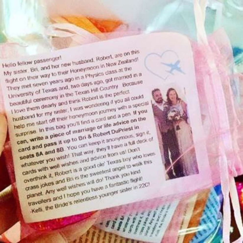 PHOTO: An example of the goodie bag Kelli Schultz passed out to passengers on an April 16, 2018 United flight en route to San Francisco. 