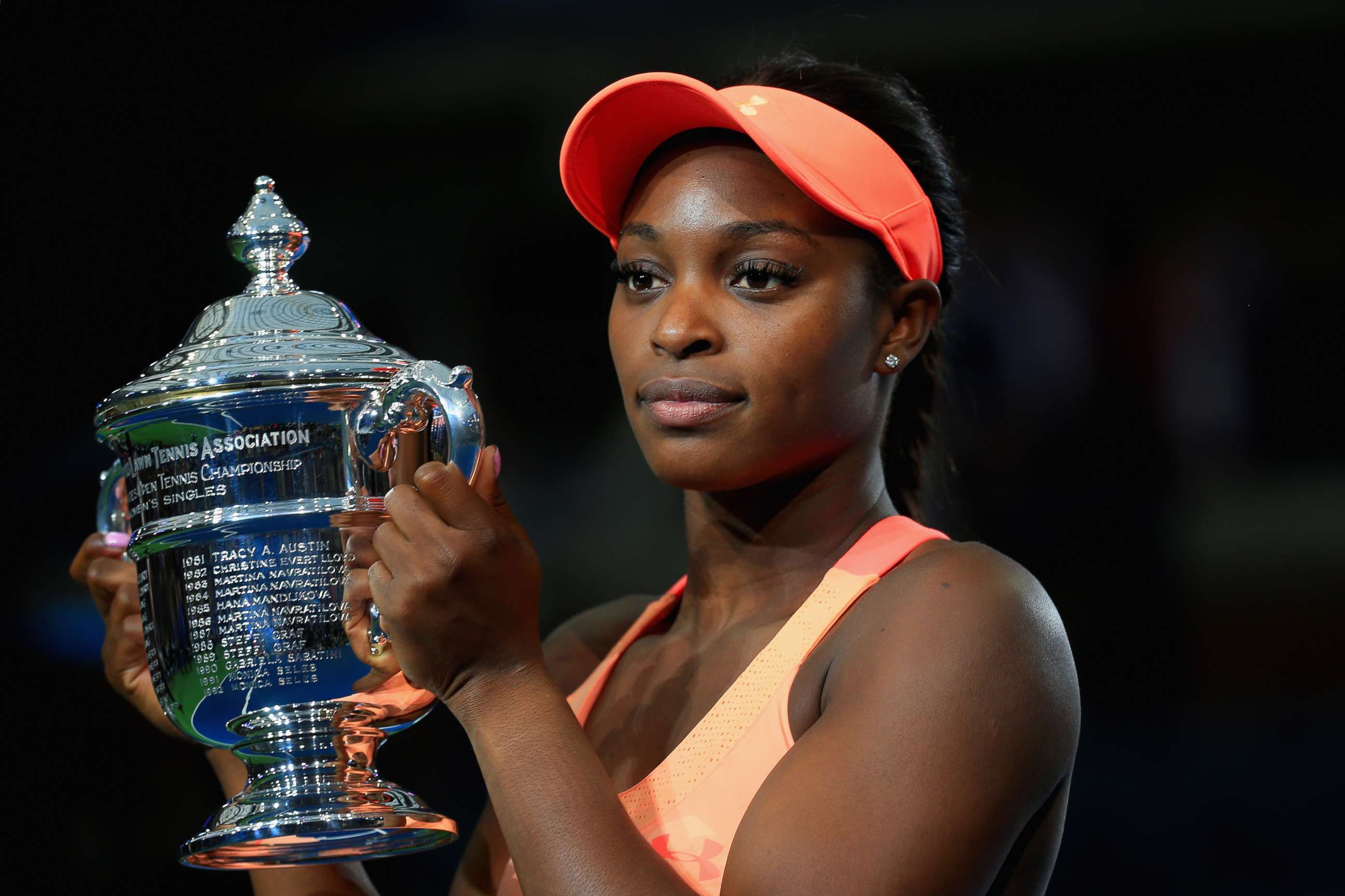 PHOTO: Sloane Stephens poses with the championship trophy after defeating Madison Keys in the Women's Singles final match on Day Thirteen during the 2017 US Open at the USTA Billie Jean King National Tennis Center on Sept. 9, 2017 in New York.