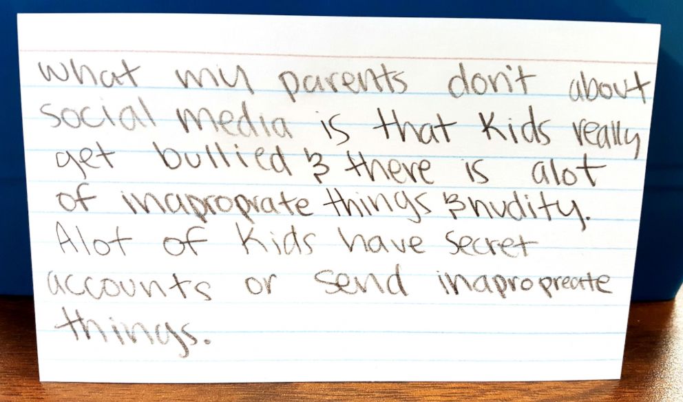 PHOTO: Skipper Coates, a teacher in Pleasant Grove, Utah, asked her students to write on cards what their parents don't know about social media. These are a sample of the student's response.
