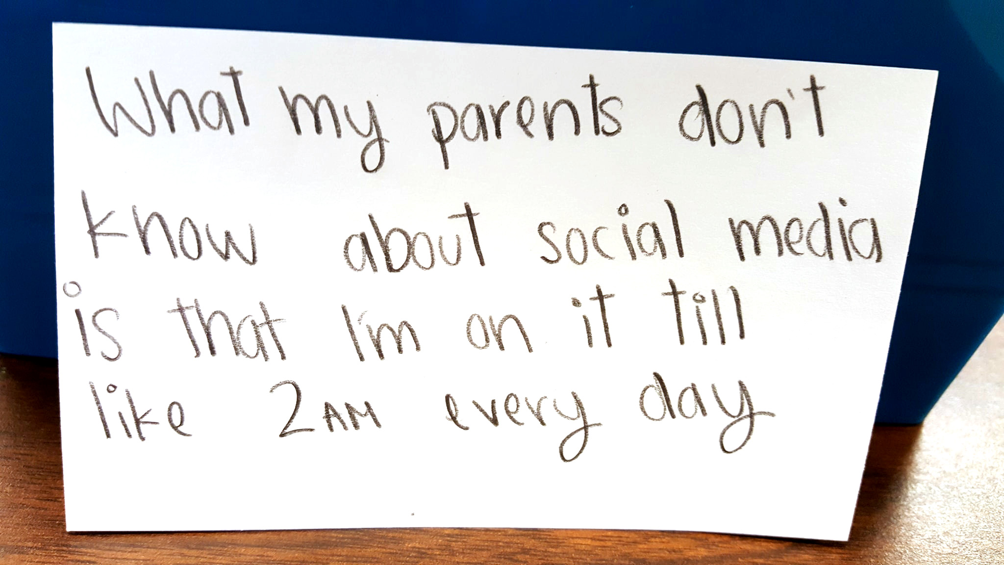 PHOTO: Skipper Coates, a teacher in Pleasant Grove, Utah, asked her students to write on cards what their parents don't know about social media. These are a sample of the student's response.