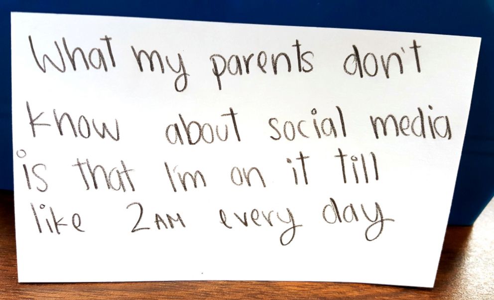 PHOTO: Skipper Coates, a teacher in Pleasant Grove, Utah, asked her students to write on cards what their parents don't know about social media. These are a sample of the student's response.