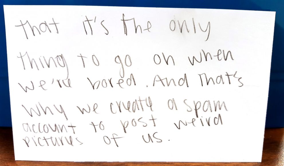 PHOTO: Skipper Coates, a teacher in Pleasant Grove, Utah, asked her students to write on cards what their parents don't know about social media. These are a sample of the student's response.