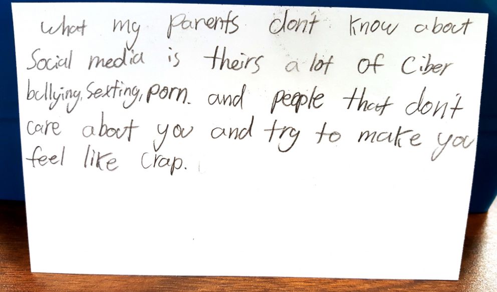 PHOTO: Skipper Coates, a teacher in Pleasant Grove, Utah, asked her students to write on cards what their parents don't know about social media. These are a sample of the student's response.