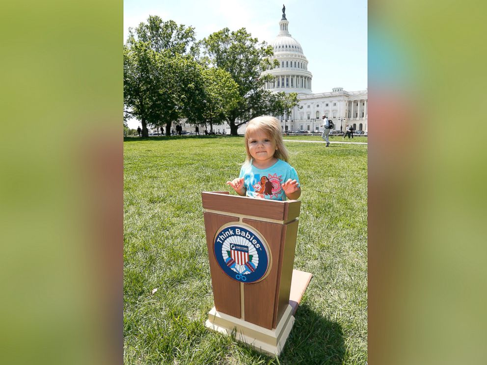 PHOTO: A toddler steps up to the podium on the East lawn of the U.S. Capitol Building during Zero To Threes second annual Strolling Thunder event to urge Congress to Think Babies and make the potential of every baby a national priority, May 8, 2018.