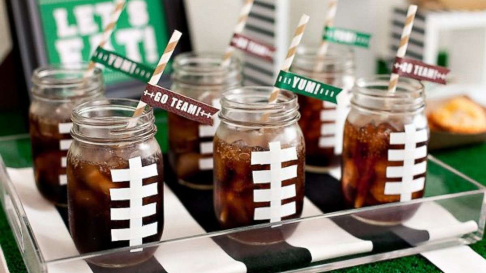 PHOTO: Add a fun DIY football mason jar to your table. Jennifer Sbranti, founder and creative director of Hostess with the Mostess, uses white duct tape to make football laces.