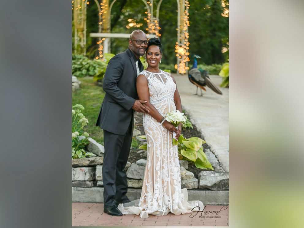 PHOTO: A peacock photobombed the wedding photos of Tamatha and Emile Conway on Aug. 25, 2017 at Meyers Castle in Dyer, Indiana.